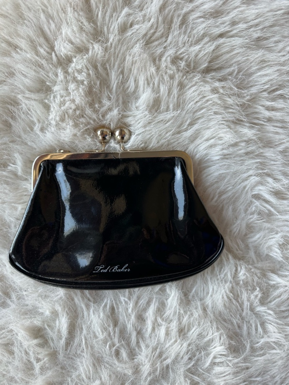 Ted Baker Black Patent Kiss-Lock Wristlet Clutch with Gold Frame